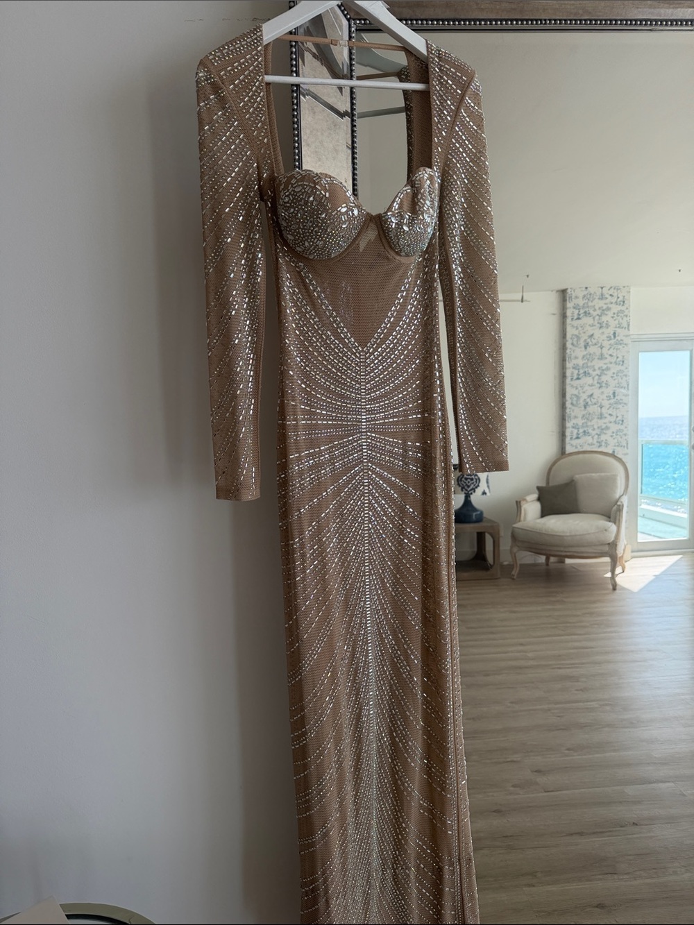 Banjul Nude Beaded Long Sleeve Evening Gown